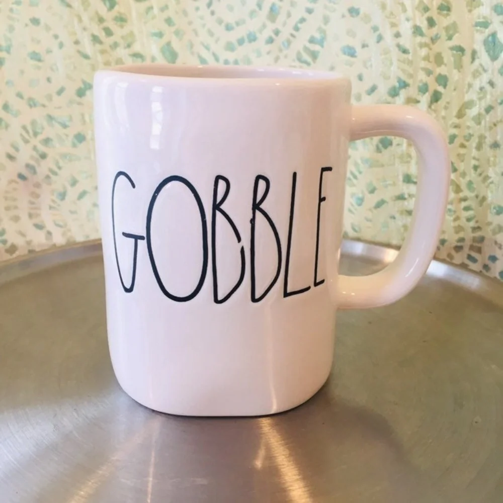 Rae Dunn M Stamped Gobble Mug Coffee Tea Magenta black white
